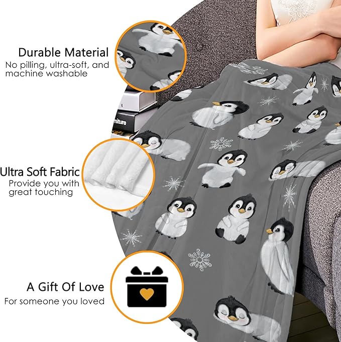 Thuswarm Cute Penguin Grey Flannel Throw Blanket Gifts Warm Cozy Soft Funny Print Blankets for Summer Room Decoration Bed Couch Sofa 50”×40” Small for Kid