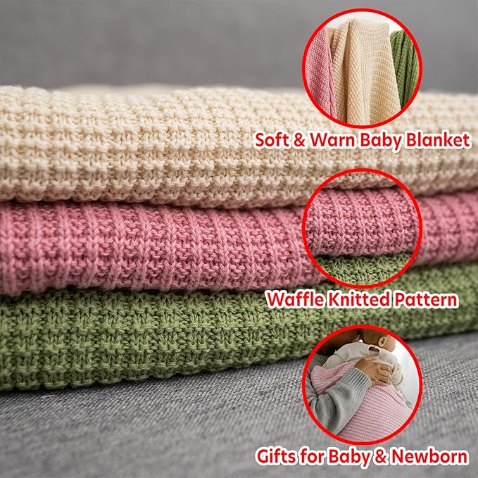 Baby Knit Blanket, 100% Cotton Waffle Patterns, Soft, Cozy, Lightweight Swaddle for Newborn & Infant Swaddling Beige Neutral, Perfect Baby Shower Ideas Pink 30x30