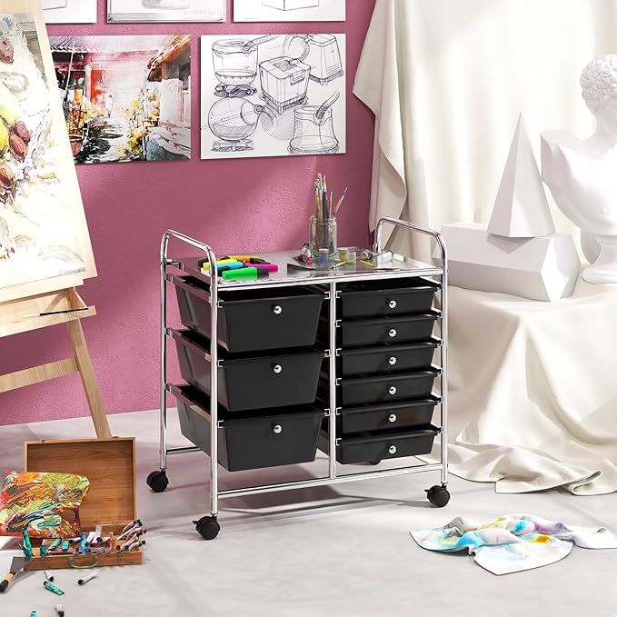 RELAX4LIFE 9 Drawer Rolling Storage Cart - Mobile Drawer Carts for Craft Art Supply Paper Salon, Utility Cart on Wheels for Classroom Teacher School Office, Rolling Cart with Drawers (Black)