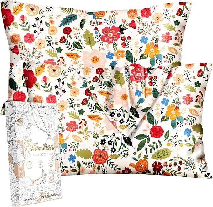 Silk Pillowcase 2 Pack - Cute Pillow Cases 20" x 26" Standard Size Set of 2 for Hair and Skin Smooth Soft Breathable with Hidden Zipper Cooling Pillow Covers for Sleeping, Beige Floral