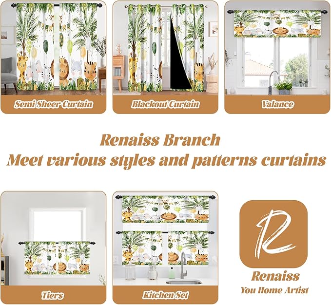 Renaiss 52 x 108 Inch Rainforest Safari Animal Curtains African Jungle Tropical Lions Tigers Elephants Giraffes Palm Trees Pattern Polyester Fabric Grommet Window Drapes for Nursery Bedroom 2 Panels