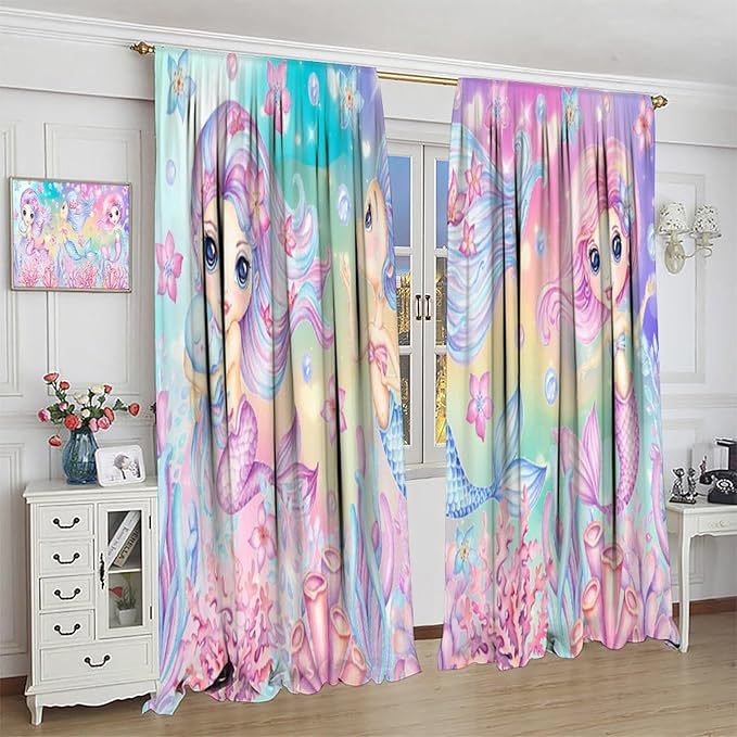 Cartoon Mermaid Kids Curtain Fantasy Ocean Theme Coral Flower Floral Window Treatment for Kids Girls Bedroom Nursery Room Decor Rod Pocket Blackout Window Drapes 84x84in