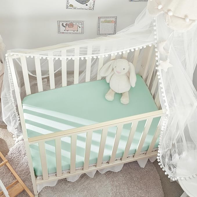 TILLYOU Mini Crib Fitted Sheets - Soft Knit Sheet for Pack N Play, Microfiber Mini Crib Sheets, Playpen Bedding Sheet for Baby 2 Pack, Machine Washable, 38'' x 24'', Light Green & Light Gray