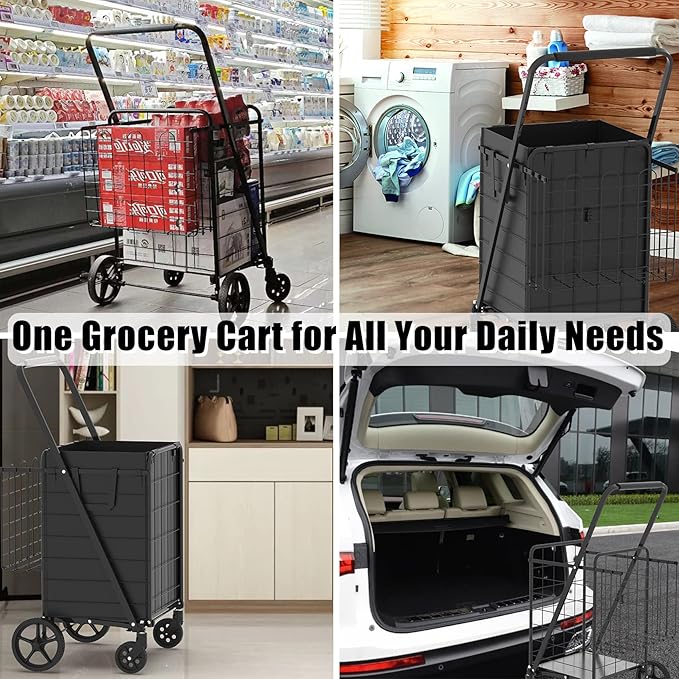 Heavy Duty Folding Shopping Cart for Groceries, Jumbo Grocery Carts with 360° Swivel Wheels, Waterproof Bag, Portable Utility Trolley for Daily, Laundry, Holds Up to 320 LBS