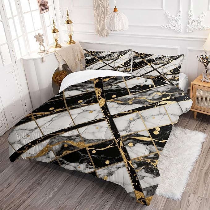 Geometric Marble Comforter Set: Full Size White Black and Gold Bedding Sets Rhombus Geometry Abstract Marbling Quilt 3PC Bed Set 1 Comforter & 2 Pillowcases