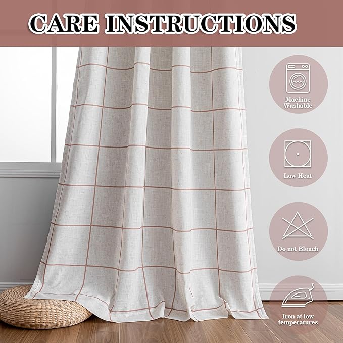 MYSKY HOME 100% Blackout Plaid Farmhouse Linen Curtains 84 Inch Long for Living Room Double Layer Checkered Drapes Thermal Insulated Privacy Protection Rod Pocket Back Tab, 1 Panel, 52" W, Tan