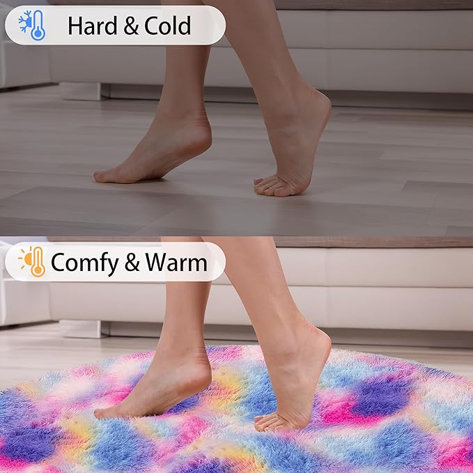 4x4 ft Pink Rainbow Round Fluffy Rug for Girls Bedroom,Colorful Soft Shaggy Circular Area Rug Kids Cute Fuzzy Carpet Furry for Living Room Nursery Playroom Room Unicorn Decor Reading Nook Mat