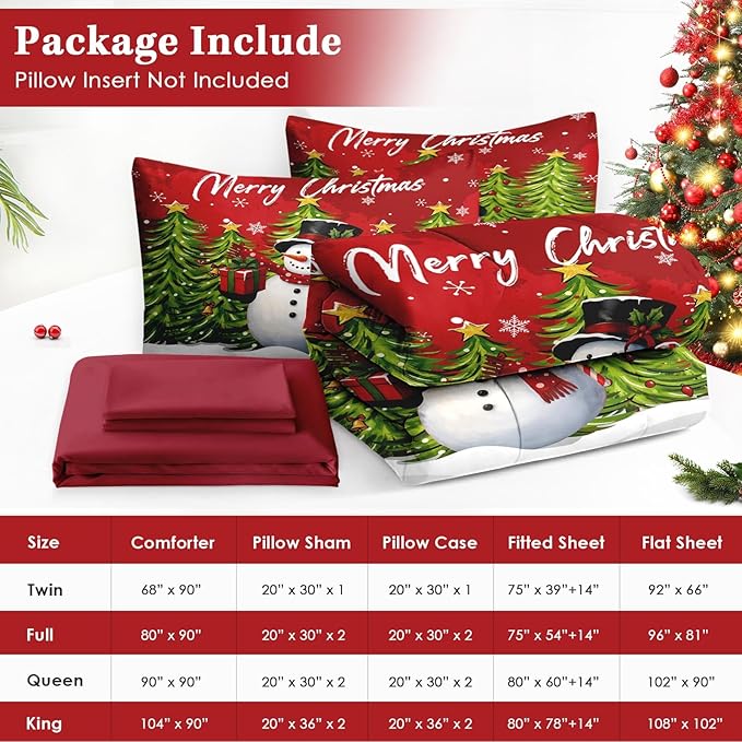 7 Pcs Full Size Christmas Comforter Set with 2 Pillowcases & 2 Shams, Red Cartoon Snowman Bedding for Kids and Adults, Funny Xmas Pine Forest Bed in a Bag with Flat Fitted Sheet