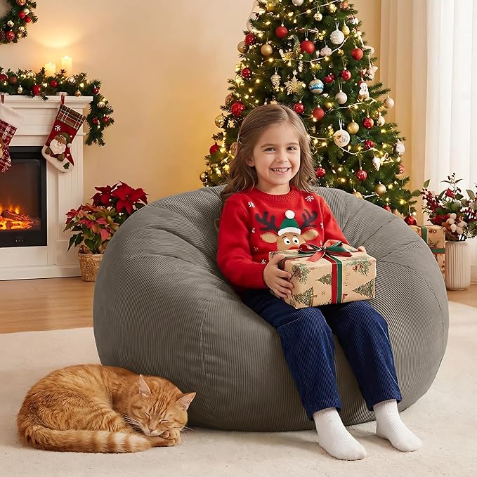 Nobildonna 3 ft Bean Bag Chair Cover (No Filler) 35"×43" Large Stuffed Animal Storage Bean Bag Washable Big Beanbag Chair Cover Premium Corduroy Bean Bag Cover for Adults,Kids,Light Brown 300L