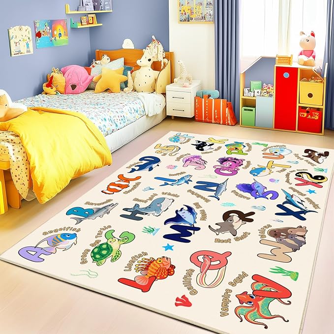 Kids Playroom Rug, 7x9 Feet Educational Rug for Learn The ABC Alphabet, Soft Machine Washable Non-Slip Cute Marine Organisms Carpet for Classroom Toddler Nursery Kids Room Decor, Beige