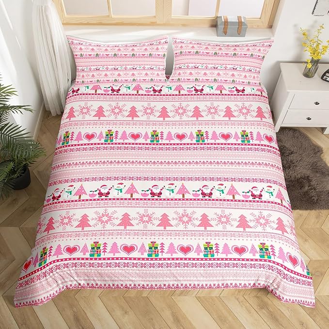 Christmas Comforter Cover Cartoon Santa Claus Snowman Bedding Set Pink Snowflake Christmas Tree Duvet Cover for Kids Boys Girls Microfiber Boho Stripes Bedspread Cover Room Decor Bedclothes Twin Size