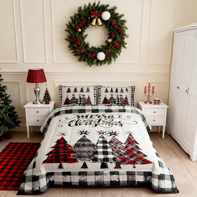 Christmas Trees Kids Comforter Set King Size,Geometric Grids Ink Tie-dye Bedding,Girls Boys Adults Bedroom/Xmas Cabin Decor,Rustic Vintage Down Comforter,Black Grey Retro Duvet Insert,2 Pillowcases