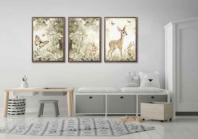 3Pcs Woodland Animal Nursery Canvas Wall Art Cute Forest Animal Wall Decor Pictures Deer and Butterfly Wildflowers Posters Prints for Nursery Bedroom Kids Room Home Decoration Unframed Posters 16x24in