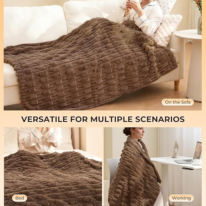 Heated Throw Blanket 50"x60", Electric Blanket with Bamboo Pattern, Luxury Faux Rabbit Fur&Soft Flannel, 6 Heat Settings, 1-4 Hour Auto Shut-Off, Throw Blanket for Couch, Machine Washable, Dark Brown