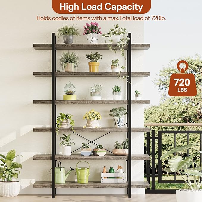 Bookcase, 47 Inch Wide Wood Bookshelf, 120lbs Shelf Capacity Estante, Rustic Open Shelving Industrial Display with Reinforced Horizontal Shelves for Living Room Bedroom Office (6 Tier - Grey)