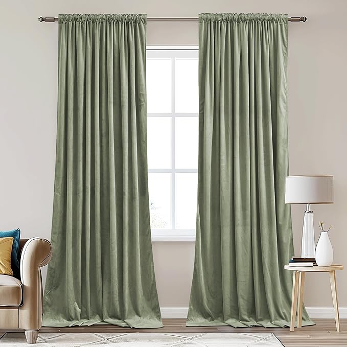 StangH Back Tab Sage Green Curtains 84 inches Long Soft Velvet Elegant Home Decor Thermal Insulated Privacy Window Drapes for Bedroom Office Divider, W62 x L84, 2 Panels