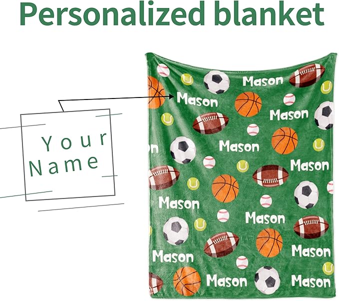 Custom Ball Blanket with Name for Boys, Personalized Name Blanket for Kids Ball, Soft Flannel Customized Gift for Birthday Christmas Baby Shower Children Day 40"x50"