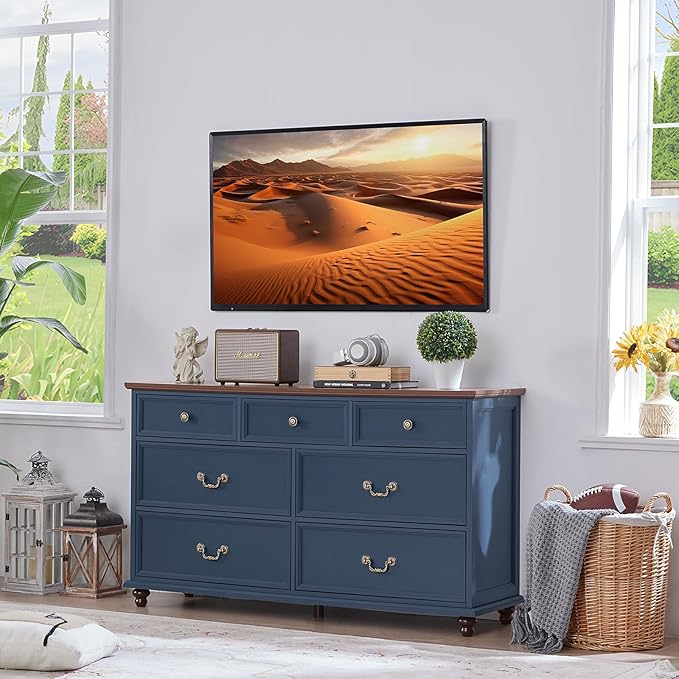 Farmhouse Dresser and Nightstand Sets, Wood 54" Wide Dresser & 24" Night Stand with Charging Station, 2 Piece Bedroom Furniture Set, Chest of Drawers for Bedroom, Home, Living Room, Hallway