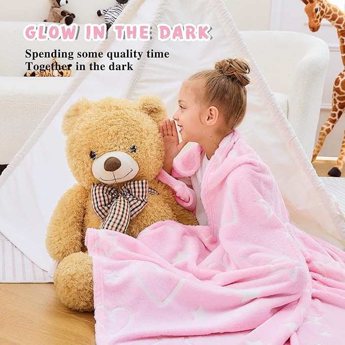 inhand Birthday Gifts Toys for Girl Pink Heart Glow in The Dark Blanket Thanksgiving Throw Blanket Cute Kids Blanket Pink Heart Soft Fleece Throw Blanket for Kids（30x40 Pink ）