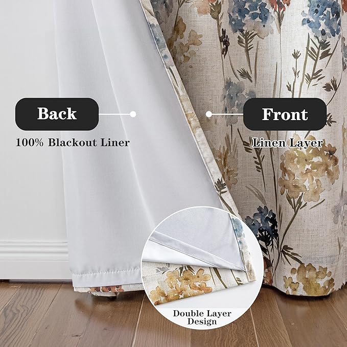 MYSKY HOME 100% Blackout Linen Floral Curtains 63 Inch Long 2 Panels for Bedroom Farmhouse Flower Patterned Double Layer Thermal Insulated Black Out Grommet Window Treatments, Yellow, 52" W Each Panel