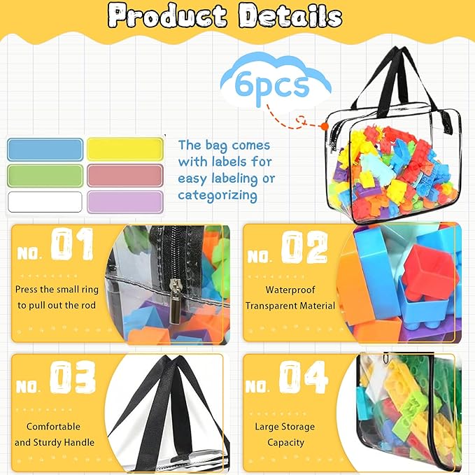 6PCS Toy Storage Bags, Clear Waterproof Toy Organizer Bags with Labels, Suitable for Storing Building Blocks, Puzzles, Stationery, and Books (6PCS L: 11.8 * 8.66 * 3.9Inch)