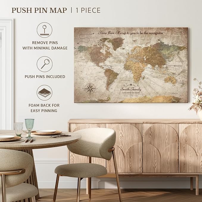 ElephantStock - Personalized Be The Navigator I Push Pin World Map Wall Art - Horizontal Canvas Wall Art - Living Room Wall Decor - Digital Art Map Canvas Art - Brown And Beige Decor - 39" x 26"