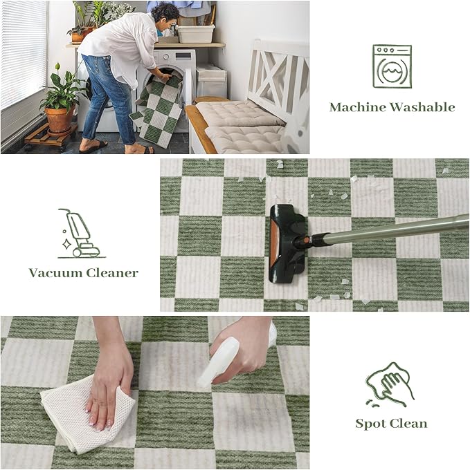 LIVEBOX 9x12 Area Rugs for Living Room, Checkered Non-Slip Washable Rugs, Farmhouse Neutral Classic Geometric Large Boys Area Rug for Bedroom, Carpet for Living Dining Room Office(Sage Green,9'x12')