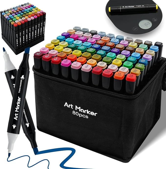 Alcohol Marker 80 Colours - Dual Tip Alcohol Based Markers Set, Professional Grade Blendable&No Bleeding Markers for Adults Coloring Books, Kids Manga, Artists Illustration with Portable Storage Bag