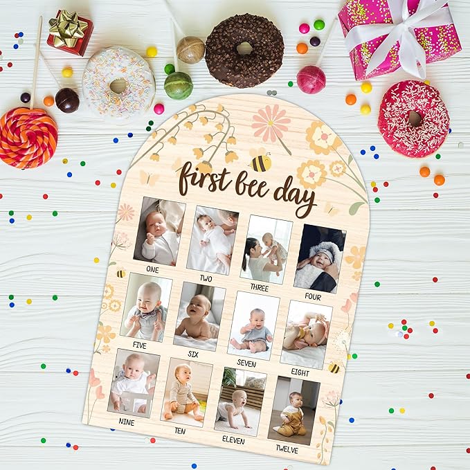 One Year of Wood Photo Board, My First Year Milestone Photo Board, 12 Monthly Baby Picture Frame, First Bee Day Nursery Decor, Girl Boy 1st Birthday Decorations, Baby Keepsake Gift-A18
