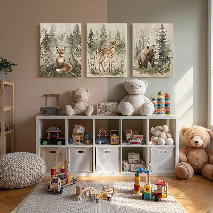 kilamino Framed Woodland Animal Nursery Wall Art, Cute Fox Bear Deer Wall Decor, Neutral Wildlife Animal Art Prints, Funny Nature Forest Animal Canvas Paintings for Baby Room Playroom 16"x24"x3