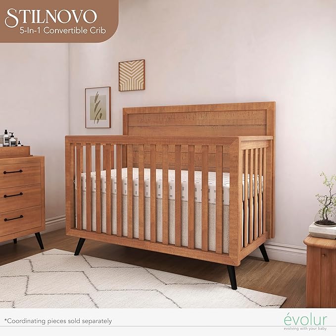 Evolur Stilnovo Mid Century 4-in-1 Convertible Crib in Sugarcane, Greenguard Gold Certified, 3 Mattress Height Settings, Modern Nursery, Wooden Furniture