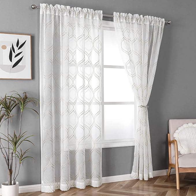 VISIONTEX Moroccan Embroidered White Sheer Curtains Panels, Decor French Textured Rod Pocket Voile Tulle Semi Window Trellis Drapes for Bedroom, Set of 2, 54 x 108 inch, Light Brown