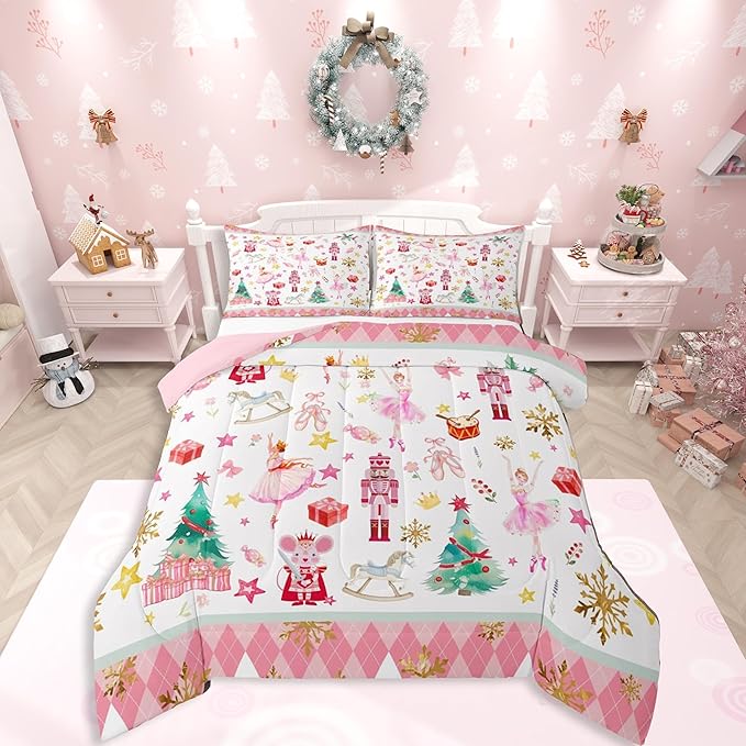 Feelyou Pink Christmas Kids Comforter Set Full Size Ballet Nutcracker Bedding Set Snowflake Duvet Quilt for Kids Boys Girls Bedroom Decor Microfiber Ultra Soft Breathable