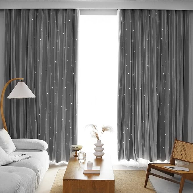 Kinryb Kids Blackout Curtains for Bedroom/Living Room/Classroom, Sheer Overlay 2 Panel Set, Double Layer Curtains with Star Cutout for Kids Room(Each Piece W 70 x L 84 Inches 2 Pcs Grey)