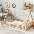 Twin House Bed Frame with Fence Rails and Door,Wood Montessori Floor Bed with Slats Support,Teepee Tent Beds Kids Bed Frames for Girls Boys, Natural