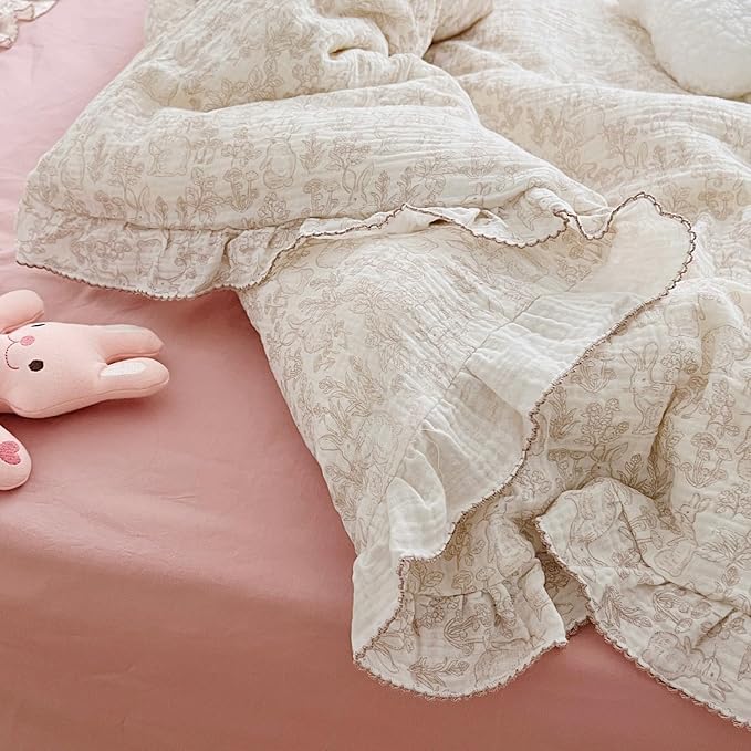 BuLuTu Muslin Cotton Kids Toddler Duvet Cover for Girls Boys Baby Crib Duvet Covers with Zipper Closure, 47"x59", Flower & Rabbit Print (No Pillow Cases)
