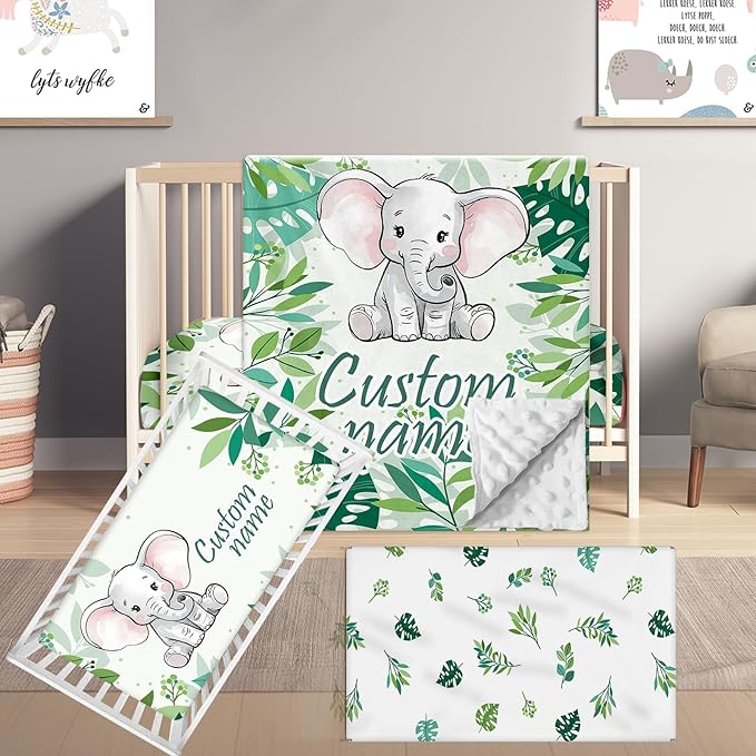 Custom Name Crib Bedding Set, 3 Pcs Personalized Baby Crib Bedding Set, Soft Green Elephant Nursery Crib Sets for Boys Girls, Double Layer Toddler Bedding Set Customized Gifts for Newborn Kids