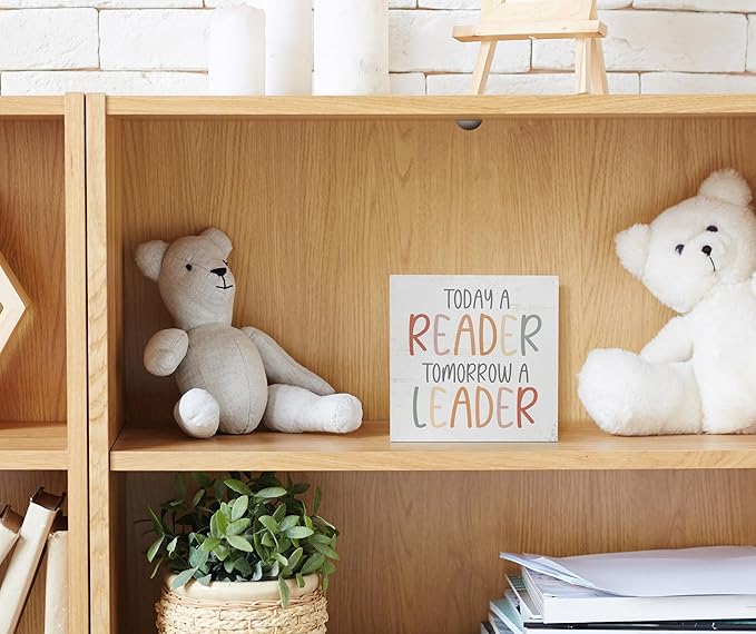 Nursery Today a Reader Tomorrow a Leader Wood Box Sign Desk Decor,Boho Reading Wooden Block Sign Decorations for Home Classroom Reading Nook Reading Room Wall Tabletop Shelf Decor