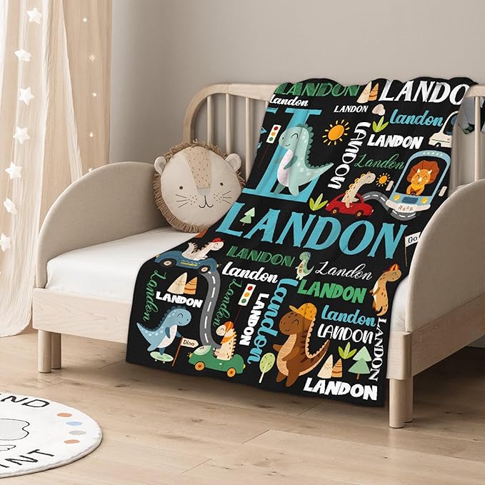 Personalized Dinosaur Preschool Blanket for Toddler Kids Boys with Name - Super Soft Lightweight Customized Dino Truck Baby Crib Fleece Sheets Decor for Couch Girls - Custom Dinosaur Gifts - 30" X 40"