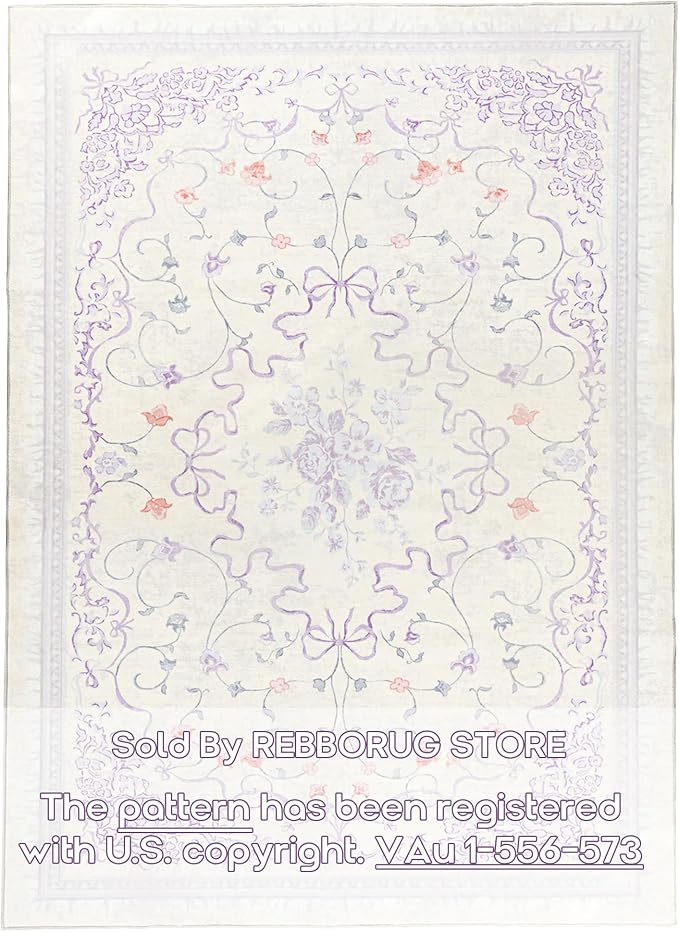 Pastel Purple and Pink Area Rug for Dorm Kids Room 6x9 Washable Light Lavender Whimsical Fairy Bow Floral Fun Rug for Girls Bedroom Toddler Play Room