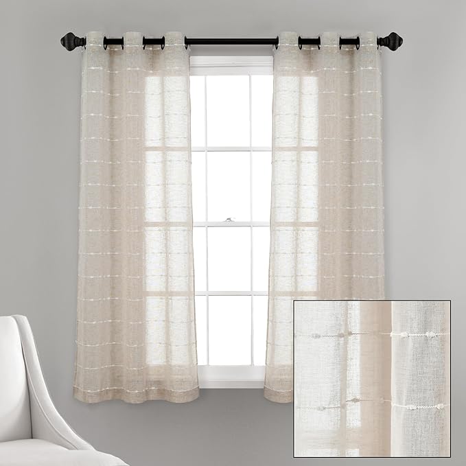 Lush Decor Farmhouse Textured Grommet Sheer Window Curtain Panel Pair, 38"W x 63"L, Beige