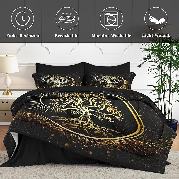 5 Pcs Twin Size Comforter Set with Pillowcase & Sham, Black Sun and Moon Bedding for Kids and Adults, Nature Tree of Life Bed in a Bag with Flat Fitted Sheet