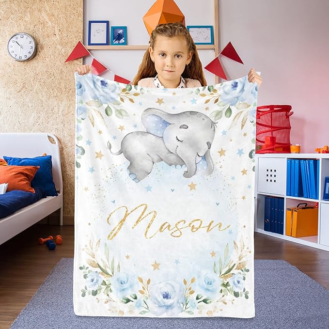 Elephant Baby Blanket Personalized Blanket with Name for Boy, Custom Name Blanket for Newborn Boy, Soft Flannel Toddler Blanket Customized Gift for Birthday Christmas Baby Shower 30" X 40"