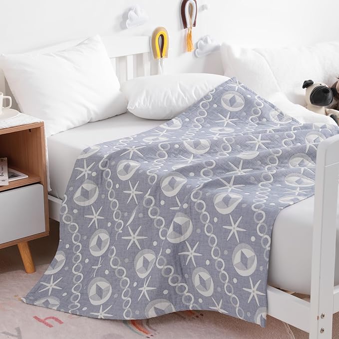 NTBAY 3 Layer Toddler Blanket, Muslin Cotton Jacquard Bed Blankets, Lightweight Thermal Baby Blanket, Super Soft and Warm Crib Blanket for All Seasons, Decoration Gift, 30"x40", Blue Starfish
