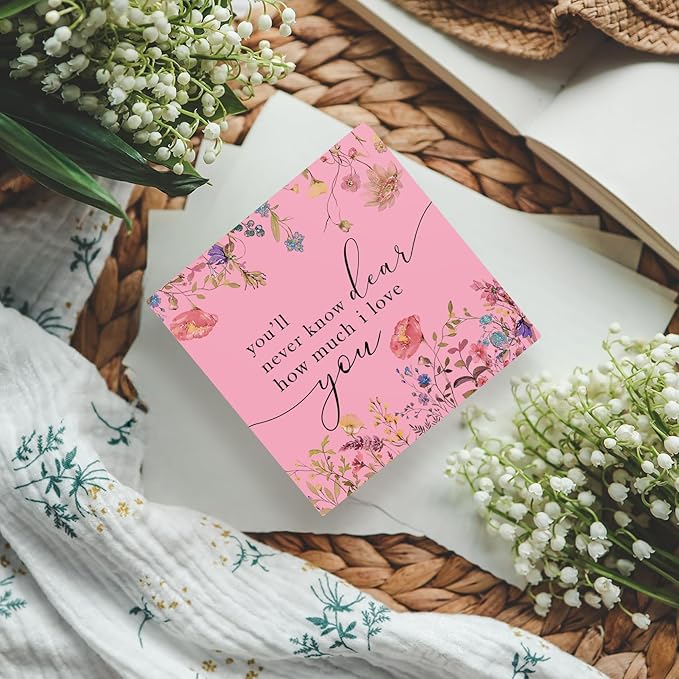 Motivational Pink Nursery Wooden Sign Desk Decor, You'll Never Know Dear How Much I Love You Decorative Signs for Baby Girl Room, Boho Floral Inspirational Home Sign Shelf Desk Decor 5x5 Inch