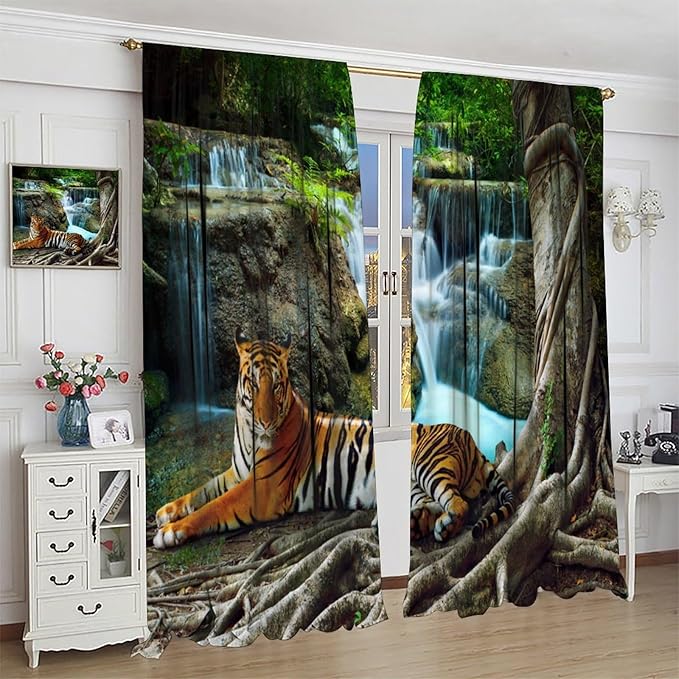 Waterfall Landscape Blackout Curtains, Spring Forest Animal Tiger Tree Waterfall Nature Window Drapes, for Bedroom Living Room 42" W X 63" L