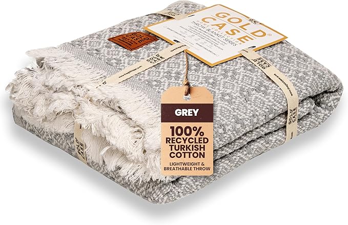 Gold Case Throw Blanket for Couch - 100% Recycled Turkish Cotton Blankets & Throws - Retro Soft Throw Blankets for Living Room - Boho Decorative Woven Couch Blanket - 50x60 - Grey