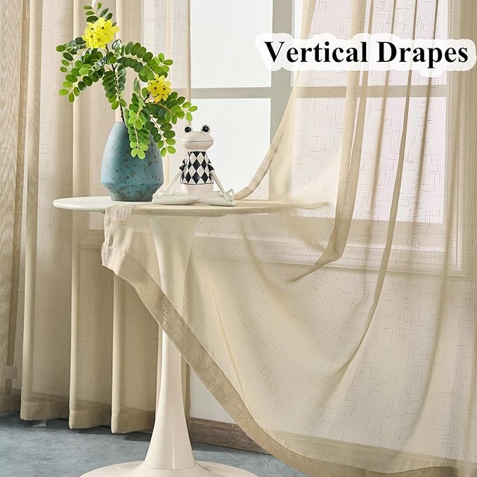 Taupe Sheer Curtains 84 Inches Long, Neutral Linen Look Textured Light Filtering Drapes Decor, Tan Beige Transparent Window Treatments, Rustic Pinch Pleat Curtain with Hooks