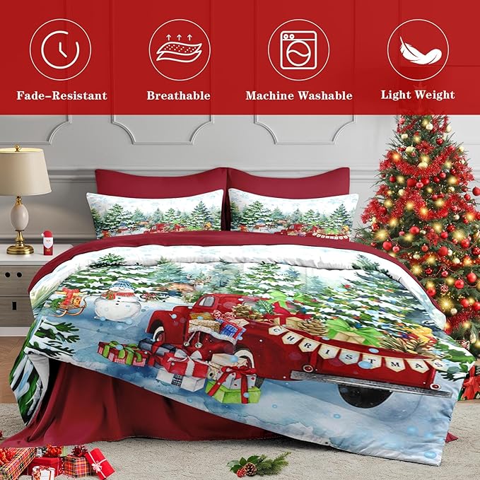 5 Pcs Twin Size Christmas Comforter Set with Pillowcase & Sham, Red Vintage Truck Snowman Bedding for Kids and Adults, Winter Snow Forest Elk Bed in a Bag with Flat Fitted Sheet