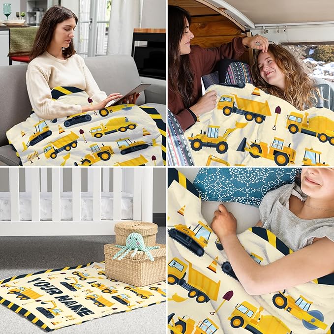 Personalized Construction Throw Blanket for Boys - 60" x 80" Inches Construction Throws Gift - Yellow Lightweight Fuzzy Blanket for Bed, Couch, Travel